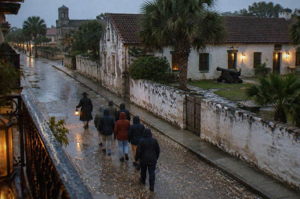 A guide holding a lantern leading a group down a dark historic street